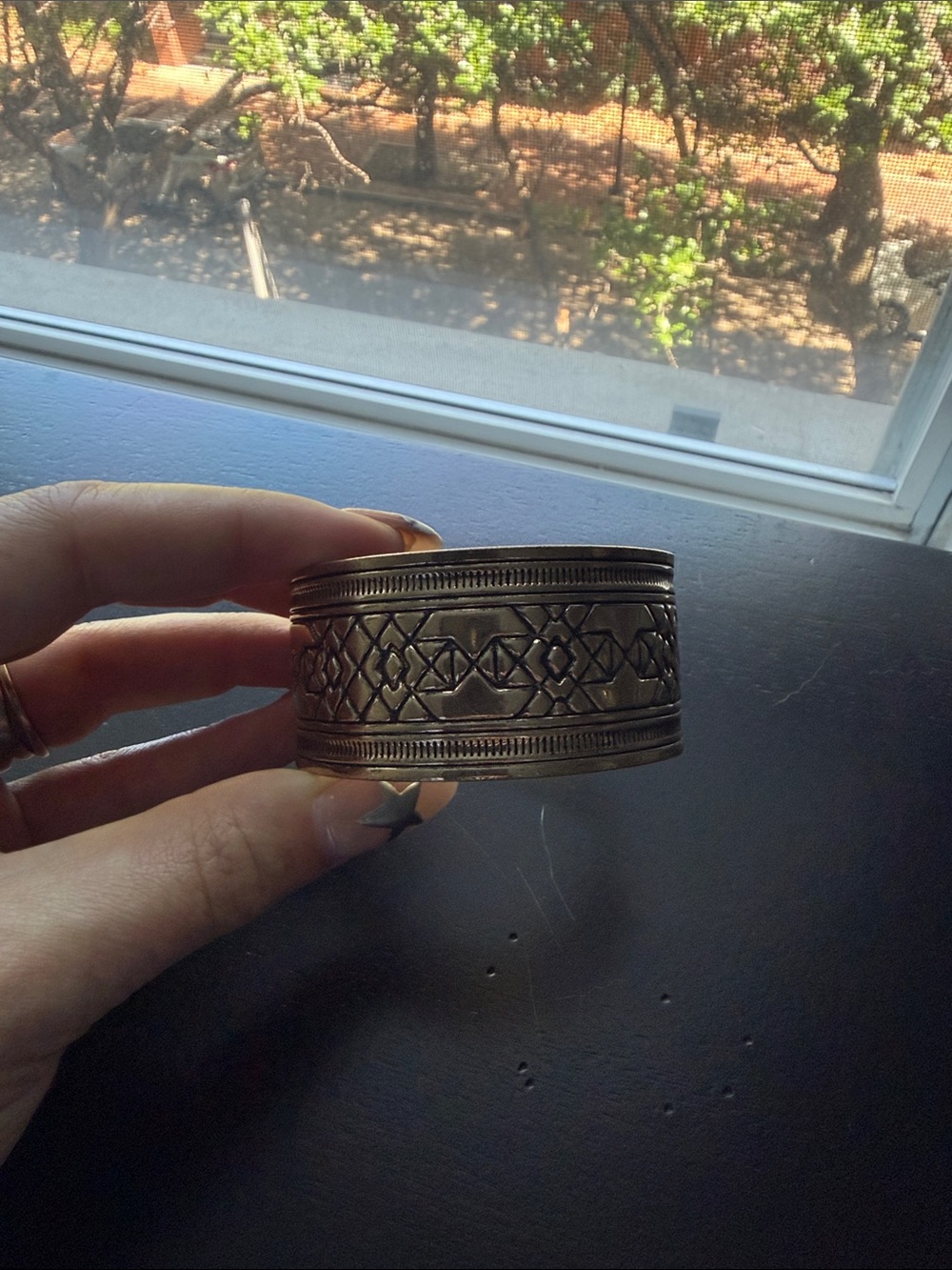 Etched Metal Cuff Bracelet in Antique Brass Tone